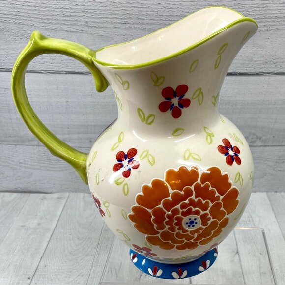 Coastline Imports DUTCH WAX Floral Handpainted Ceramic Handle Beverage Pitcher - Picture 7 of 9